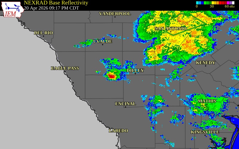 NEXRAD radar during the Monday, April 20, 2026 storm activity in Dimmit County, Texas