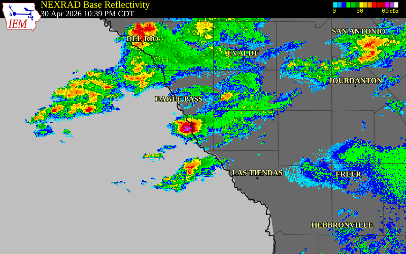 NEXRAD radar during the Thursday, April 30, 2026 storm activity in Dimmit County, Texas