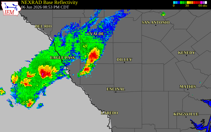 NEXRAD radar during the Saturday, June 6, 2026 storm activity in Dimmit County, Texas