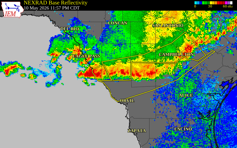 Radar snapshot during the May 10, 2026 hail event near Dimmit County, Dimmit County, Texas, with NWS warning polygons
