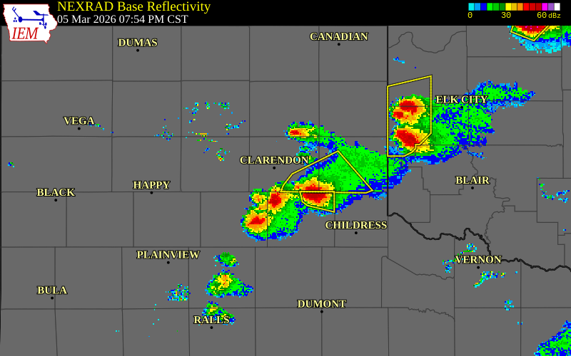 NEXRAD radar during the Thursday, March 5, 2026 storm activity in Donley County, Texas