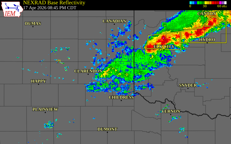 NEXRAD radar during the Friday, April 17, 2026 storm activity in Donley County, Texas