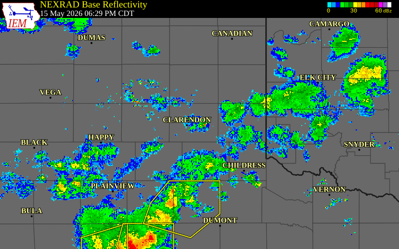 NEXRAD radar during the Friday, May 15, 2026 storm activity in Donley County, Texas