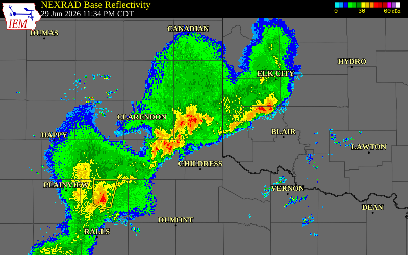 NEXRAD radar during the Monday, June 29, 2026 storm activity in Donley County, Texas