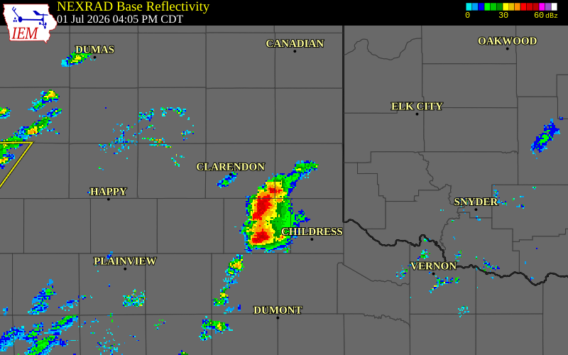 NEXRAD radar during the Wednesday, July 1, 2026 storm activity in Donley County, Texas