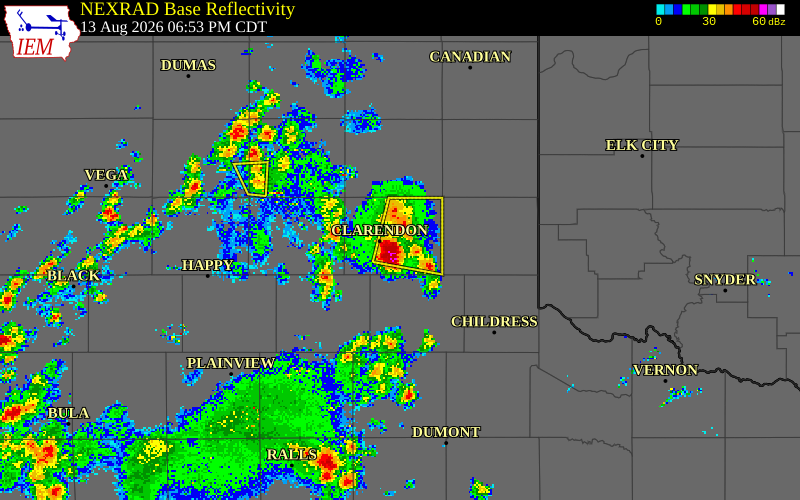 NEXRAD radar during the Thursday, August 13, 2026 storm activity in Donley County, Texas