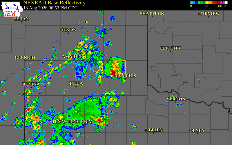 Radar snapshot during the Aug 13, 2026 wind event near 1 SW Lelia Lake, Donley County, Texas, with NWS warning polygons