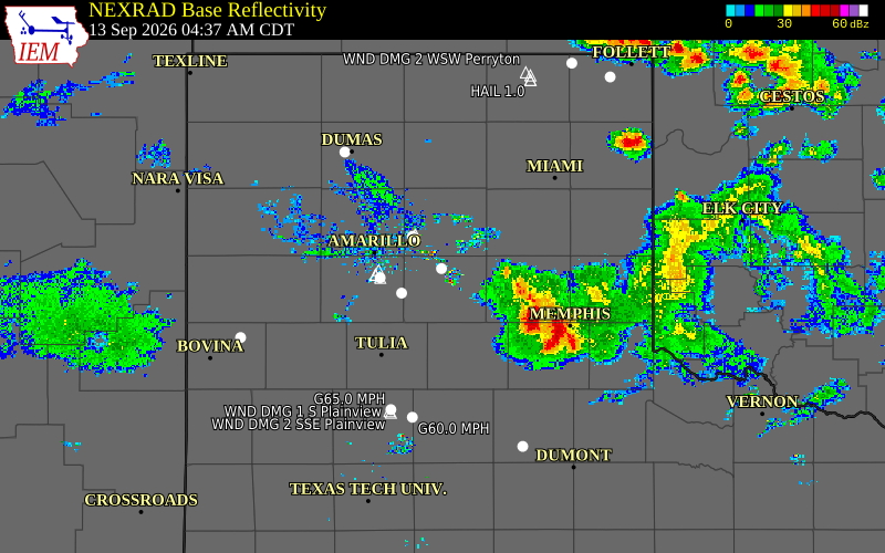 Current NEXRAD radar over Donley County, Texas with recent storm report locations