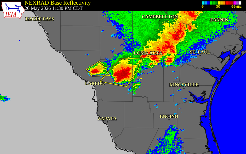 NEXRAD radar during the Tuesday, May 26, 2026 storm activity in Duval County, Texas