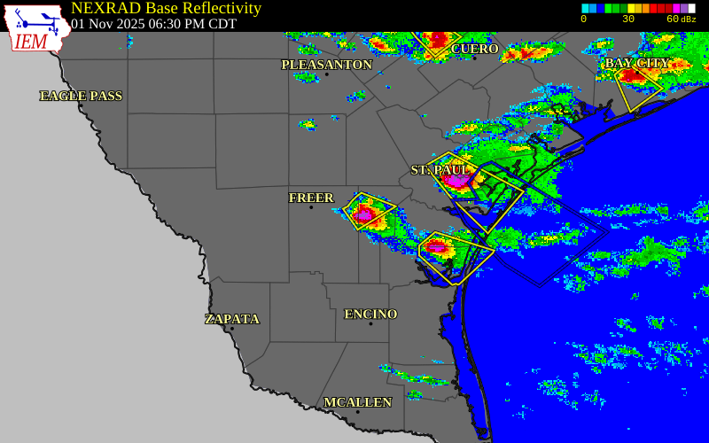 Radar snapshot during the May 21, 2026 wind event near Duval County, Duval County, Texas, with NWS warning polygons