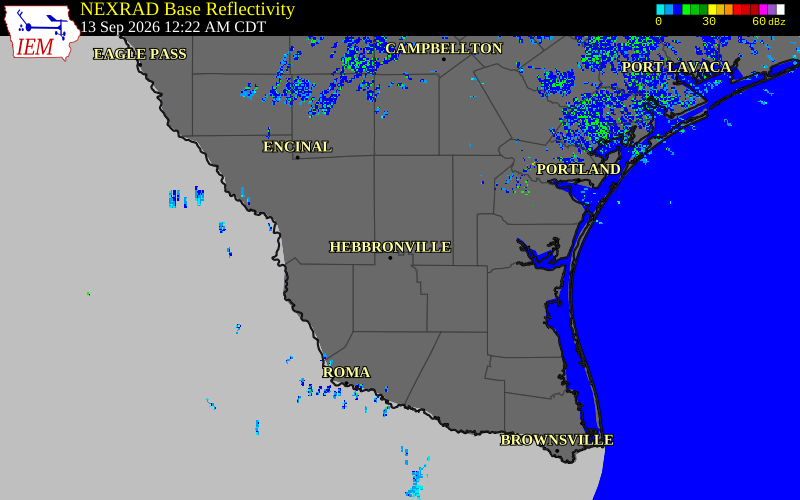 Current NEXRAD radar over Duval County, Texas with recent storm report locations