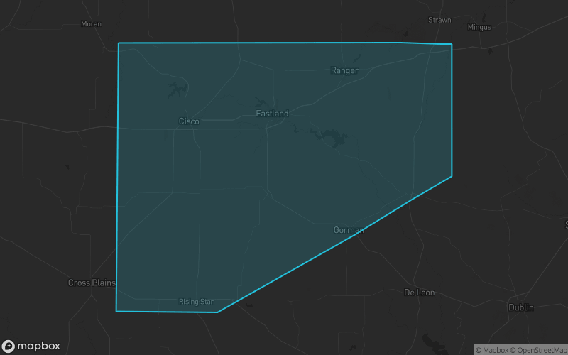 Map of Eastland County, Texas showing the county boundary and surrounding cities