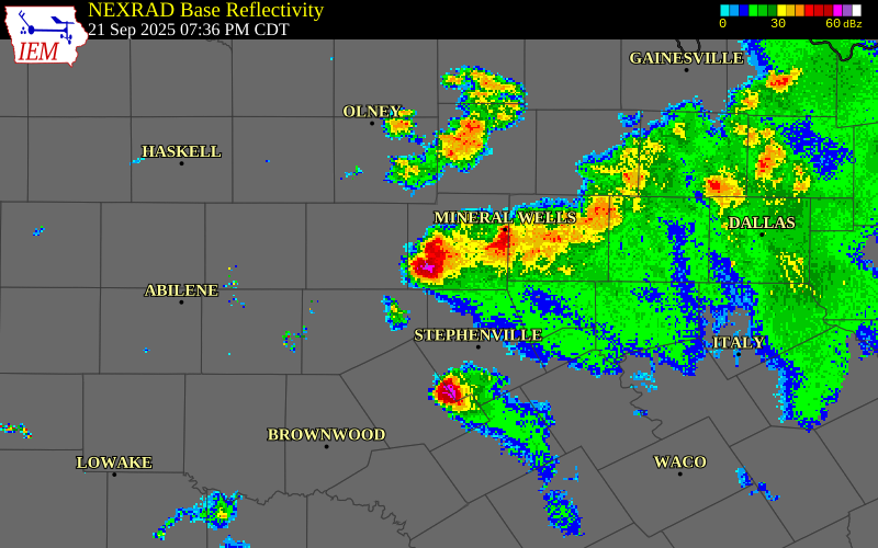NEXRAD radar during the Sunday, September 21, 2025 storm activity in Eastland County, Texas