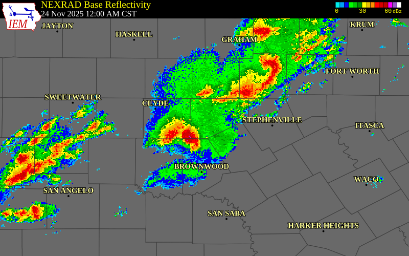 NEXRAD radar during the Monday, November 24, 2025 storm activity in Eastland County, Texas