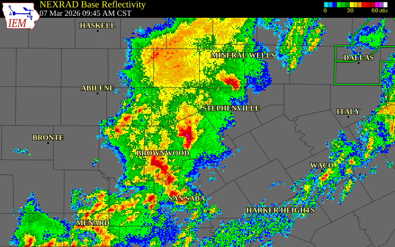 NEXRAD radar during the Saturday, March 7, 2026 storm activity in Eastland County, Texas