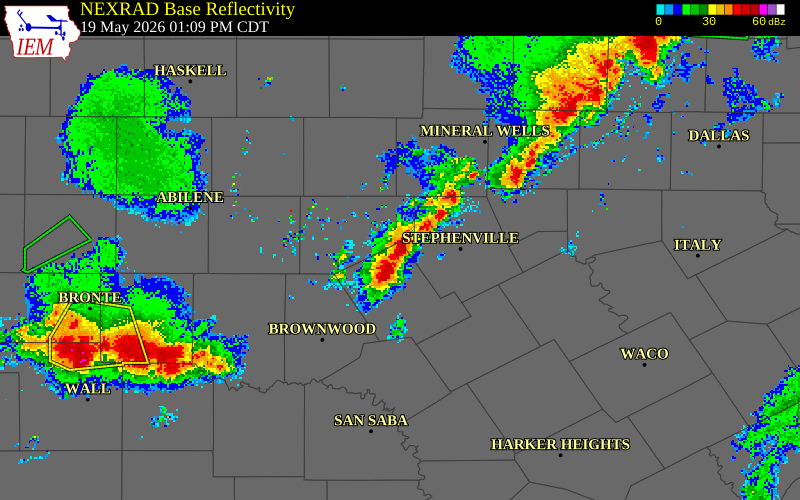 NEXRAD radar during the Tuesday, May 19, 2026 storm activity in Eastland County, Texas