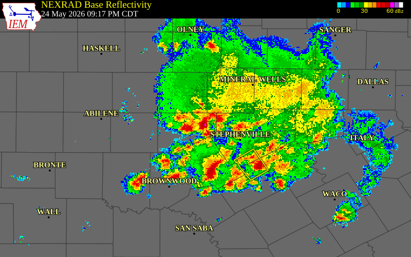NEXRAD radar during the Sunday, May 24, 2026 storm activity in Eastland County, Texas