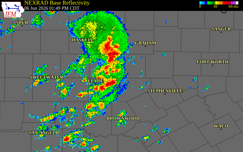 NEXRAD radar during the Saturday, June 6, 2026 storm activity in Eastland County, Texas