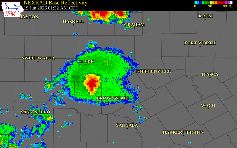 NEXRAD radar during the Friday, June 19, 2026 storm activity in Eastland County, Texas