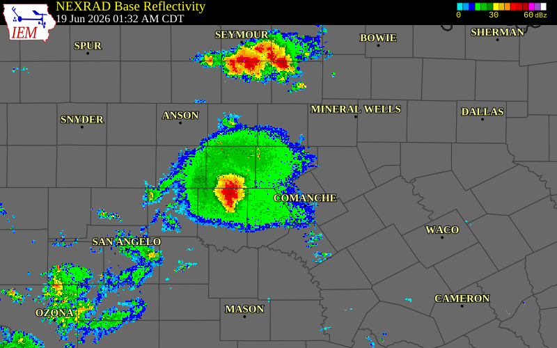 Radar snapshot during the Jun 19, 2026 wind event near Eastland County, Eastland County, Texas, with NWS warning polygons