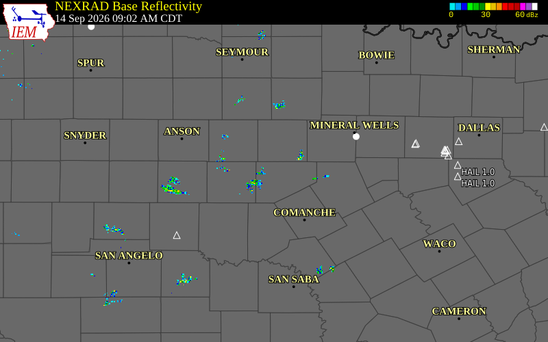 Current NEXRAD radar over Eastland County, Texas with recent storm report locations