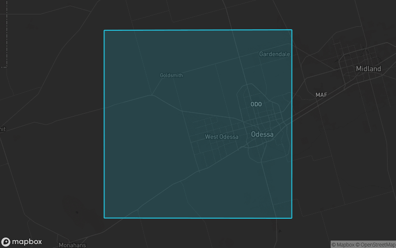Map of Ector County, Texas showing the county boundary and surrounding cities