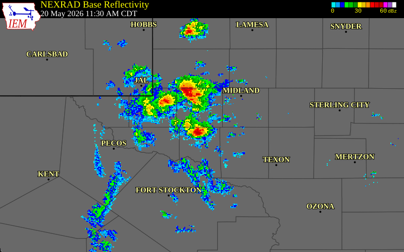 NEXRAD radar during the Wednesday, May 20, 2026 storm activity in Ector County, Texas