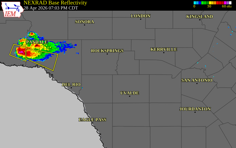 NEXRAD radar during the Tuesday, April 28, 2026 storm activity in Edwards County, Texas