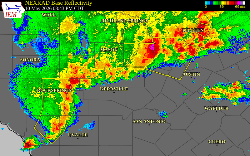 NEXRAD radar during the Sunday, May 10, 2026 storm activity in Edwards County, Texas