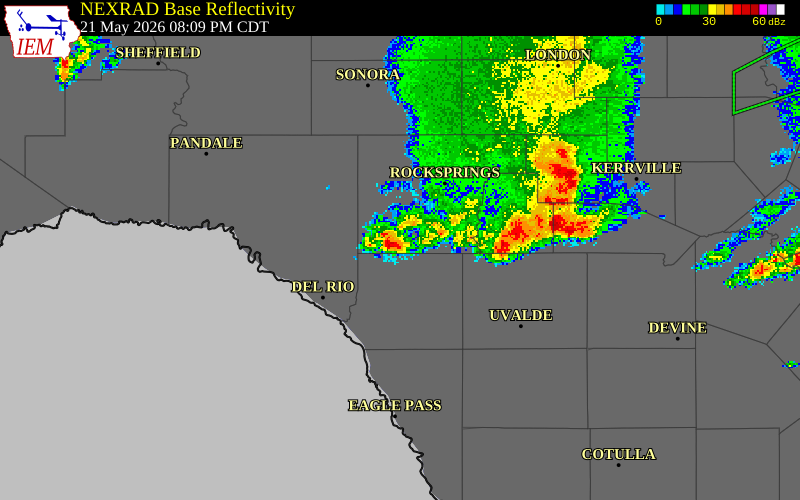 NEXRAD radar during the Thursday, May 21, 2026 storm activity in Edwards County, Texas