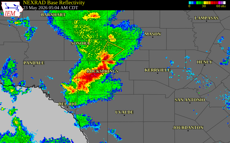 NEXRAD radar during the Saturday, May 23, 2026 storm activity in Edwards County, Texas