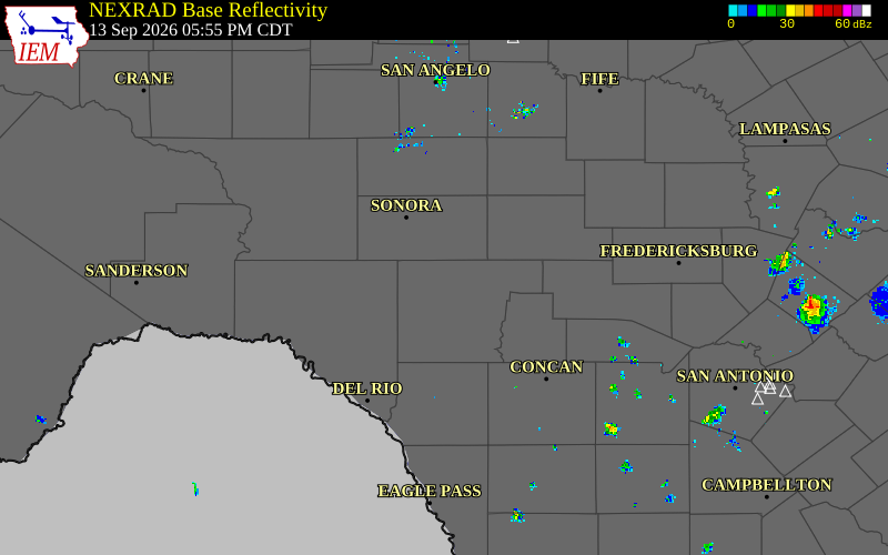 Current NEXRAD radar over Edwards County, Texas with recent storm report locations