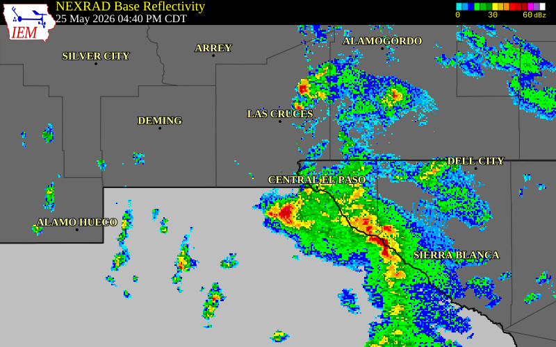 NEXRAD radar during the Monday, May 25, 2026 storm activity in El Paso County, Texas
