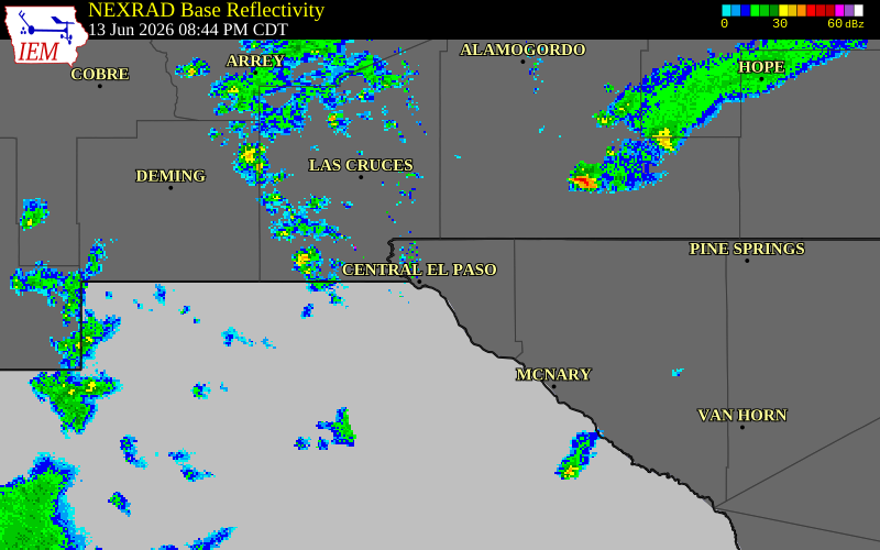 NEXRAD radar during the Saturday, June 13, 2026 storm activity in El Paso County, Texas