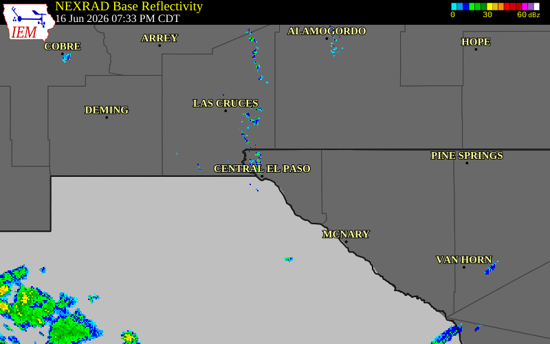 NEXRAD radar during the Tuesday, June 16, 2026 storm activity in El Paso County, Texas