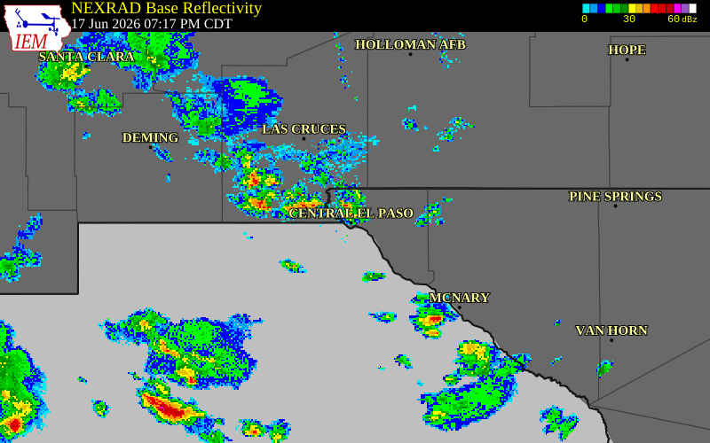 NEXRAD radar during the Wednesday, June 17, 2026 storm activity in El Paso County, Texas