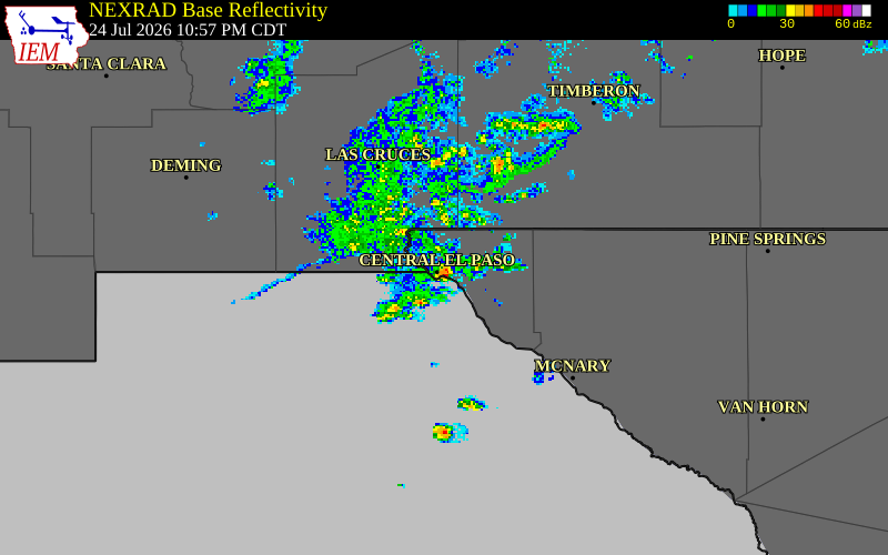 NEXRAD radar during the Friday, July 24, 2026 storm activity in El Paso County, Texas