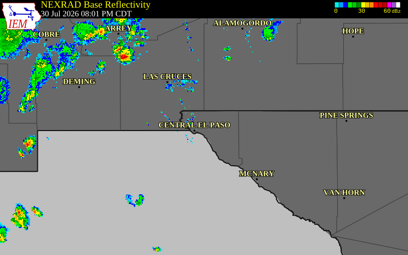 NEXRAD radar during the Thursday, July 30, 2026 storm activity in El Paso County, Texas