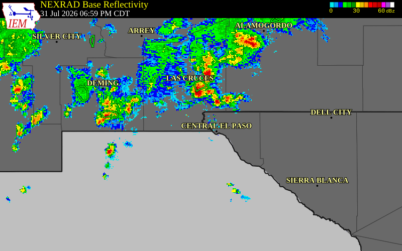 NEXRAD radar during the Friday, July 31, 2026 storm activity in El Paso County, Texas