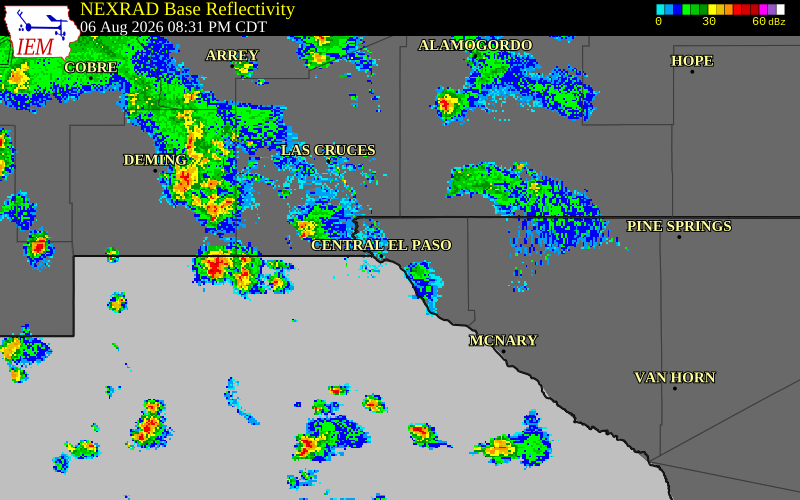 NEXRAD radar during the Thursday, August 6, 2026 storm activity in El Paso County, Texas