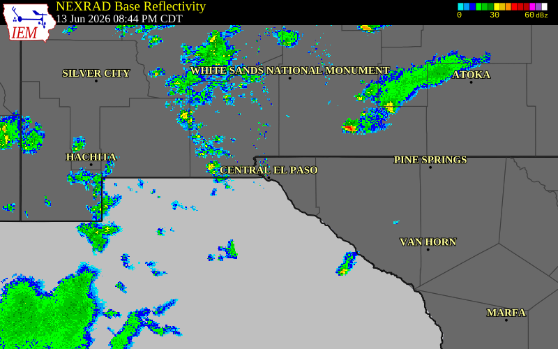 Radar snapshot during the Jun 13, 2026 wind event near 2 ENE Fort Bliss, El Paso County, Texas, with NWS warning polygons