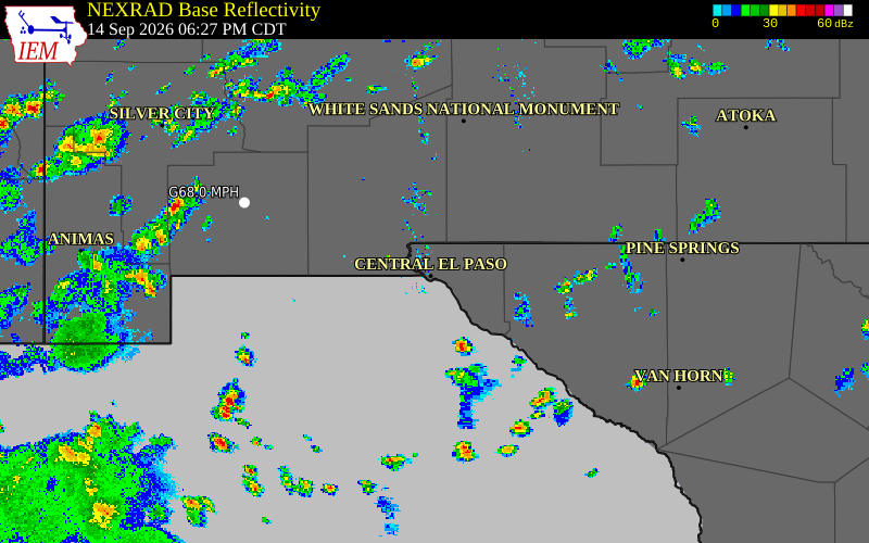 Current NEXRAD radar over El Paso County, Texas with recent storm report locations