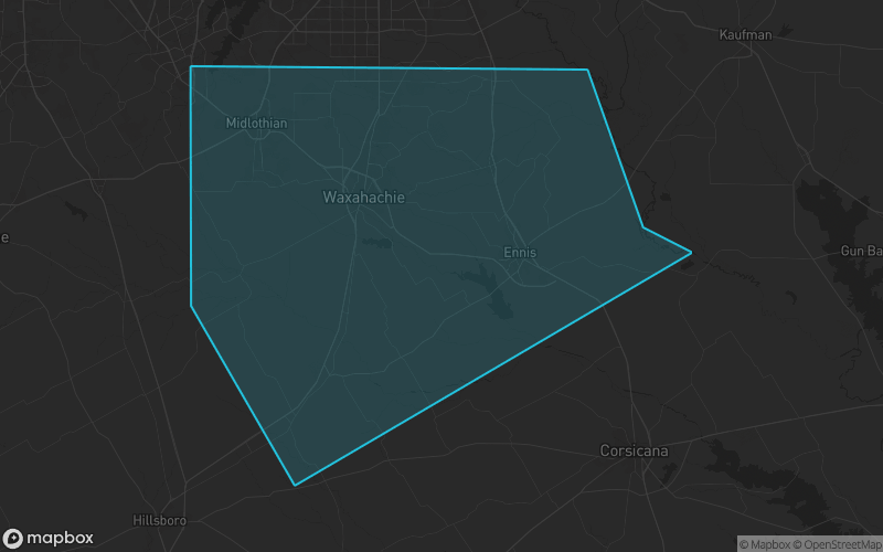 Map of Ellis County, Texas showing the county boundary and surrounding cities