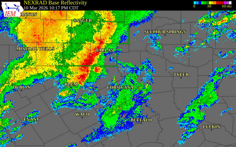 NEXRAD radar during the Tuesday, March 10, 2026 storm activity in Ellis County, Texas