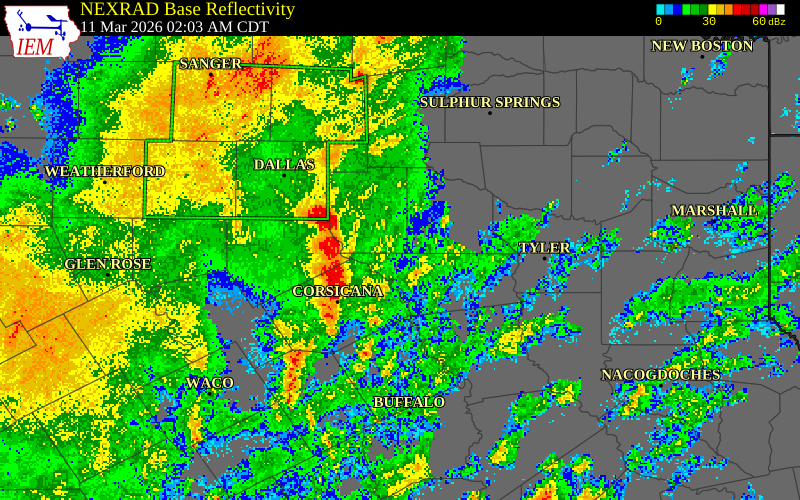 NEXRAD radar during the Wednesday, March 11, 2026 storm activity in Ellis County, Texas