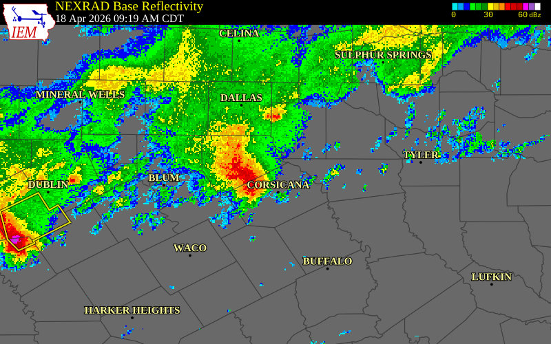 NEXRAD radar during the Saturday, April 18, 2026 storm activity in Ellis County, Texas