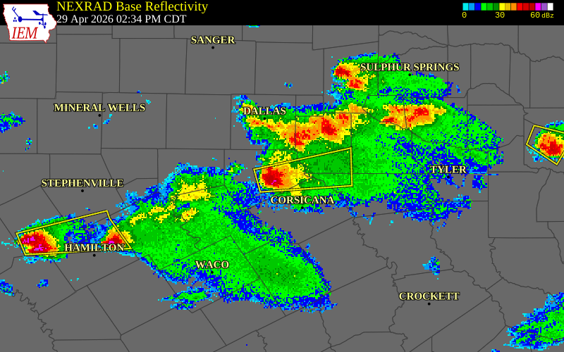 NEXRAD radar during the Wednesday, April 29, 2026 storm activity in Ellis County, Texas