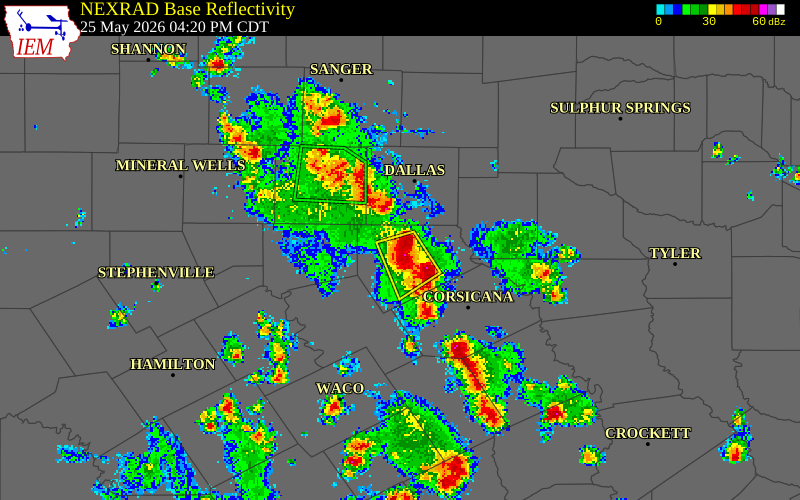 NEXRAD radar during the Monday, May 25, 2026 storm activity in Ellis County, Texas