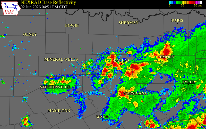 NEXRAD radar during the Tuesday, June 2, 2026 storm activity in Ellis County, Texas
