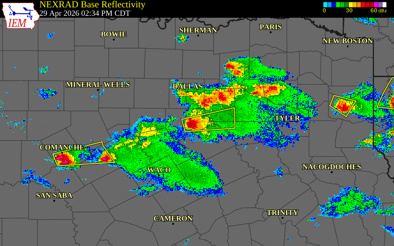 Radar snapshot during the Apr 29, 2026 hail event near Ennis, Ellis County, Texas, with NWS warning polygons